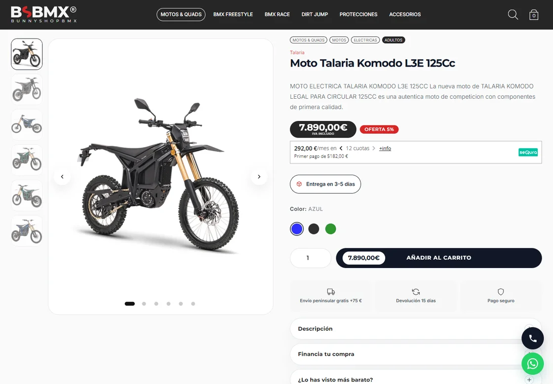 Ficha de la Talaria Komodo: galería, variantes y acceso al carrito.