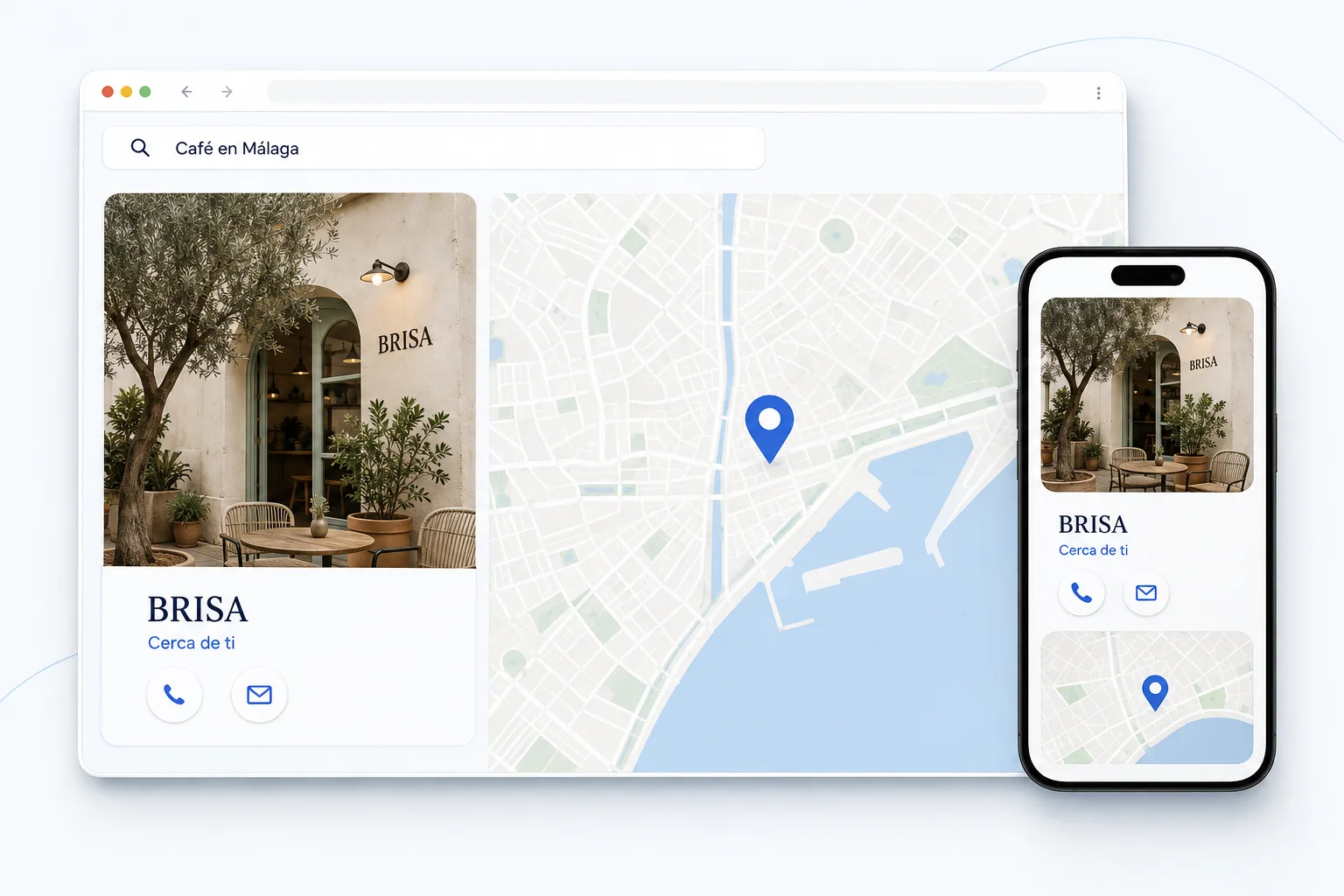 Ilustración conceptual de búsqueda local en Málaga con mapa y ficha de una cafetería ficticia