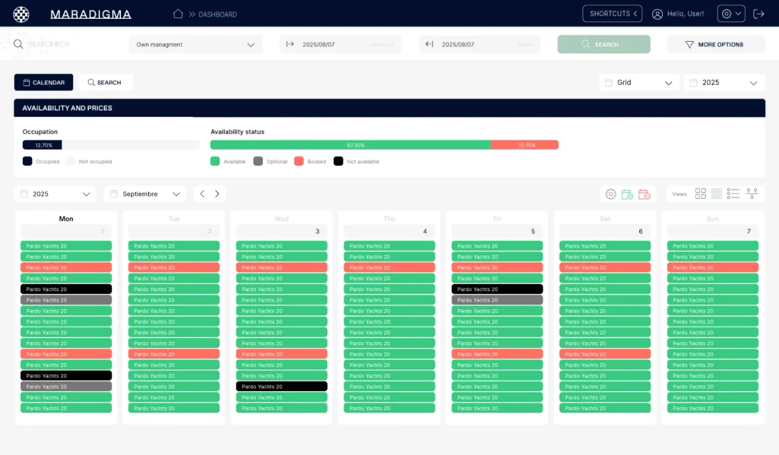 Propuesta de calendario con estados de disponibilidad. Datos de maquetación.