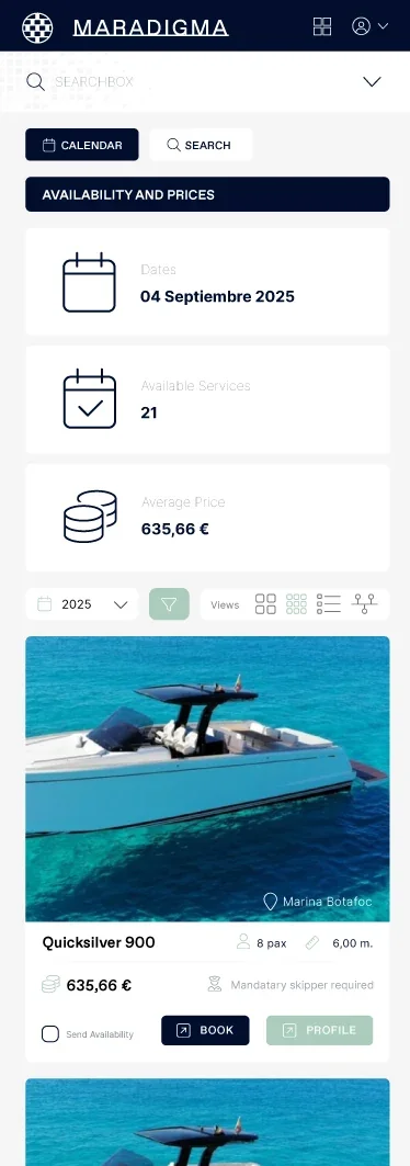 Adaptación móvil de la consulta de disponibilidad y las tarjetas de embarcaciones.