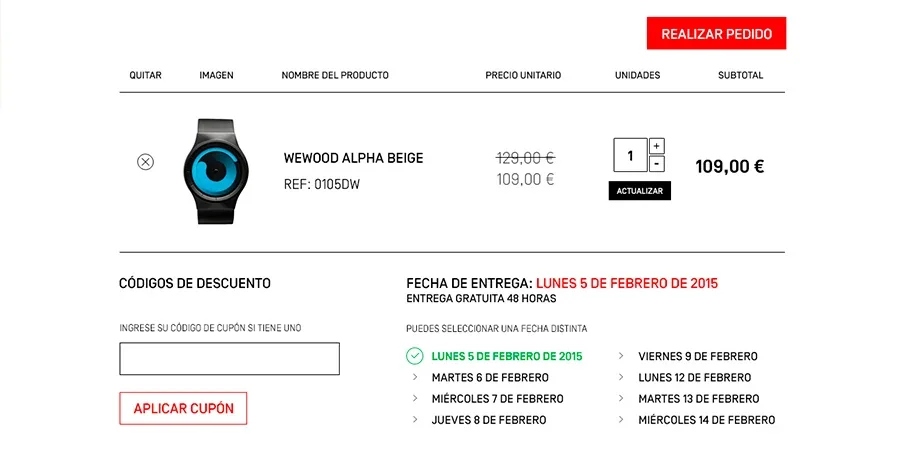 Resumen del pedido y campos del proceso de compra.